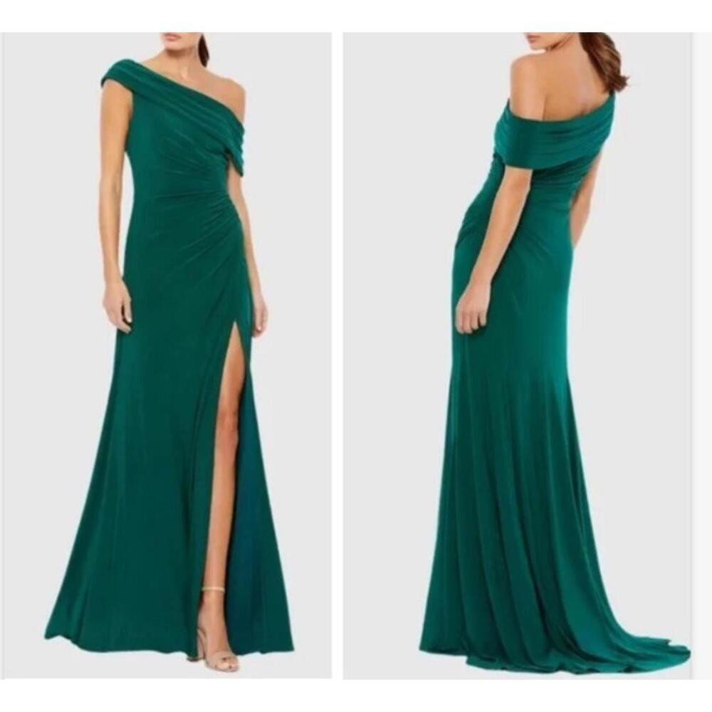 Mac Duggal Emerald One-Shoulder Evening Gown with Side Slit